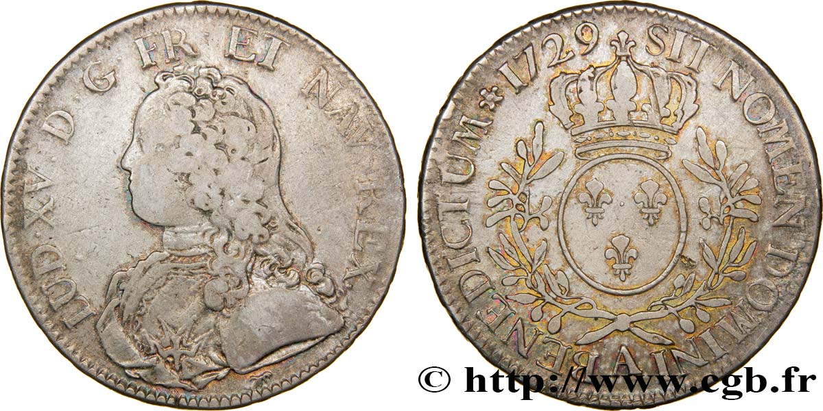 LOUIS XV DIT LE BIEN AIMÉ Écu dit &nbsp;aux branches d&nbsp;olivier&nbsp; 1729 Paris B+/TB+