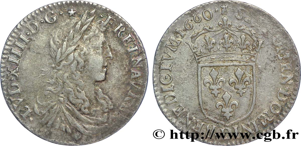 LOUIS XIV LE GRAND OU LE ROI SOLEIL Douzième d&nbsp;écu, portrait apollinien 1660 Lyon TB+