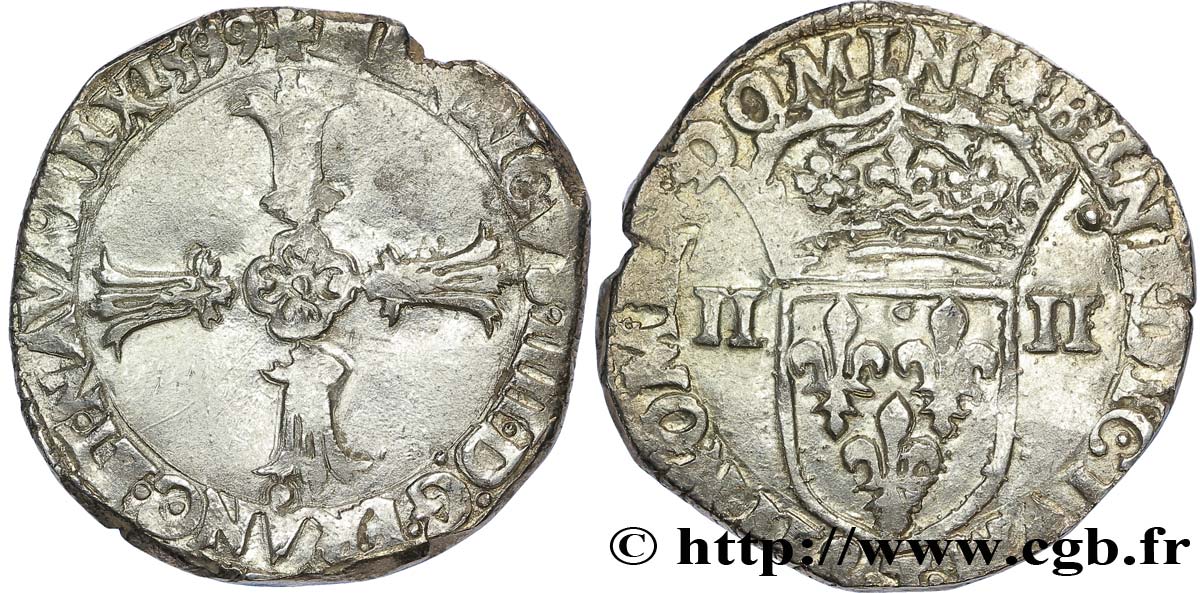 HENRI IV LE GRAND Quart d écu, croix feuillue de face 1599 Nantes TB+