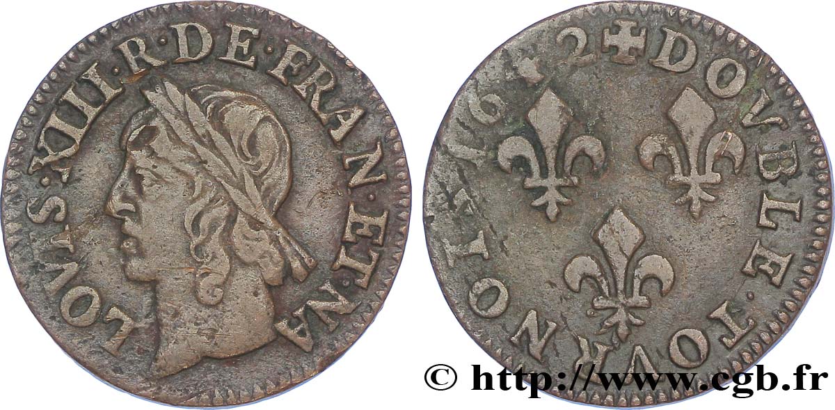 LOUIS XIII LE JUSTE Double tournois, type de Warin 1642 s.l. TB+