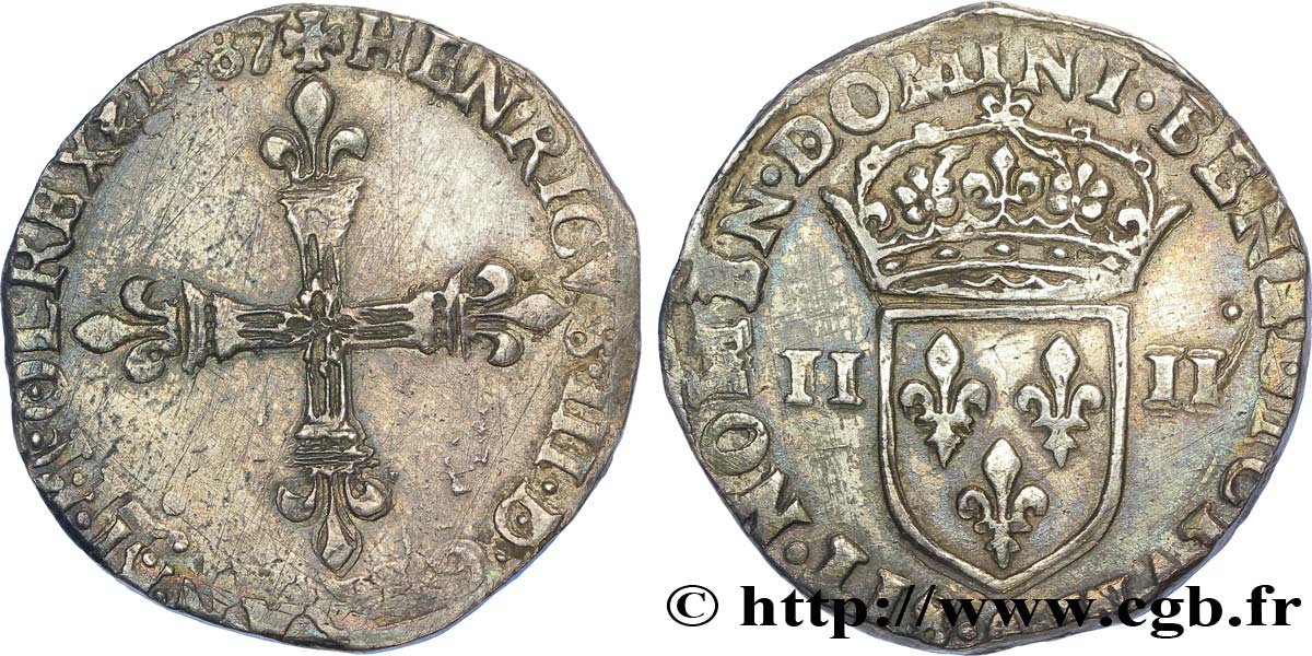 HENRI III Quart d écu, croix de face 1587 Paris TB+