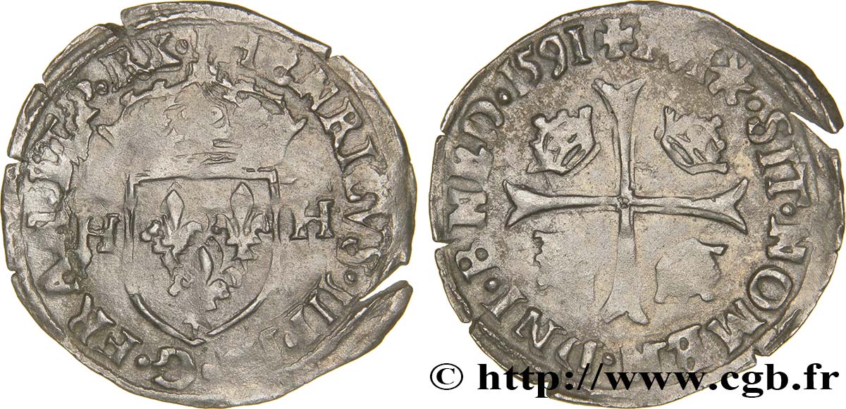 LIGUE. COINAGE AT THE NAME OF HENRY III Douzain aux deux H, 1er type 1591 Limoges BC+