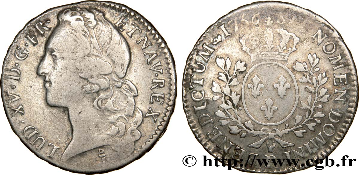 LOUIS XV DIT LE BIEN AIMÉ Demi-écu aux branches d’olivier, tête ceinte d’un bandeau 1756 Dijon TB+