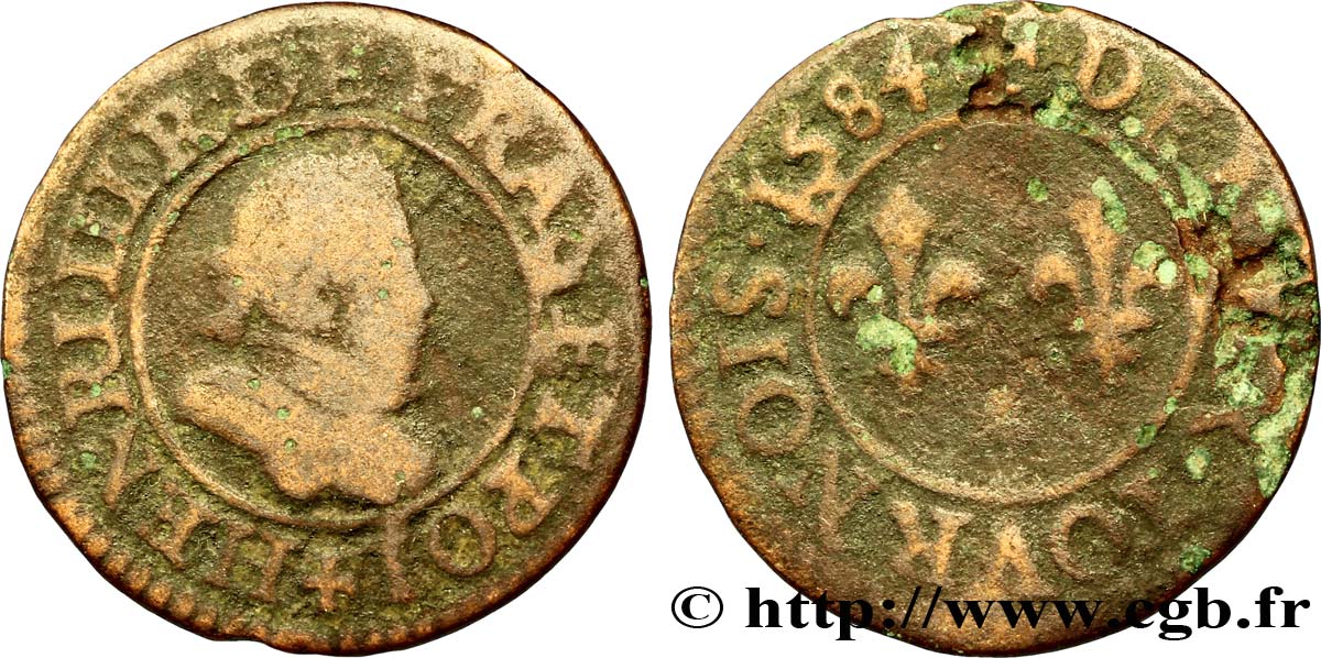 HENRI III Denier tournois, 1er type de Paris 1584 Paris, Moulin des Étuves B+