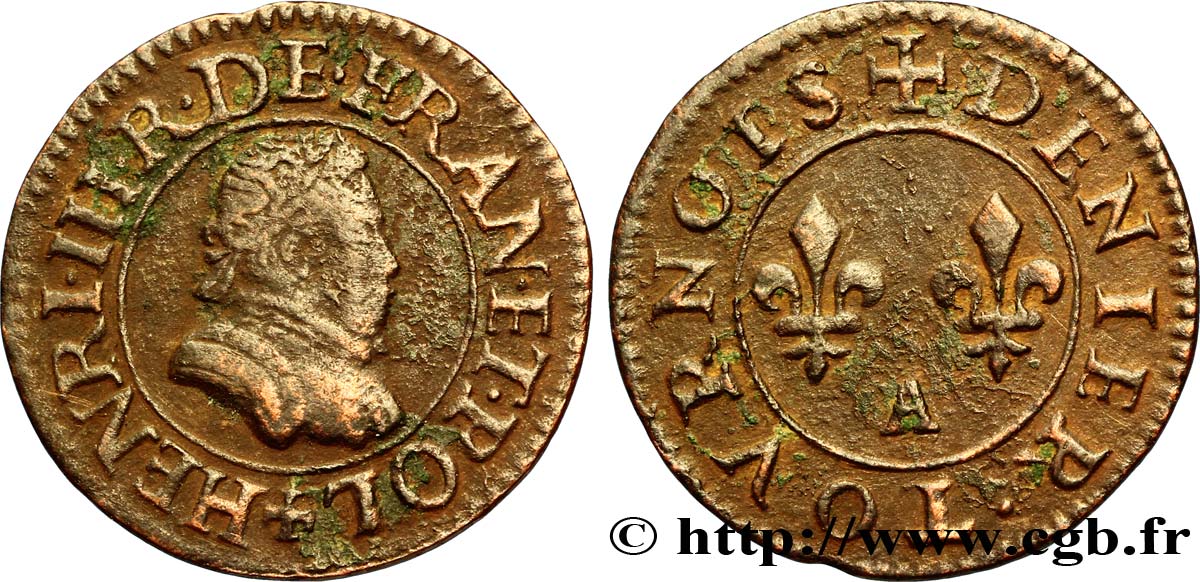 HENRI III Denier tournois, 1er type de Paris n.d. Paris, Moulin des Étuves TTB