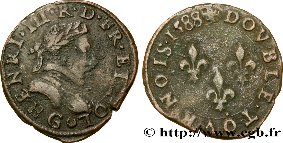 LIGUE. COINAGE AT THE NAME OF HENRY III Double tournois, type de Poitiers 1588 Poitiers SS