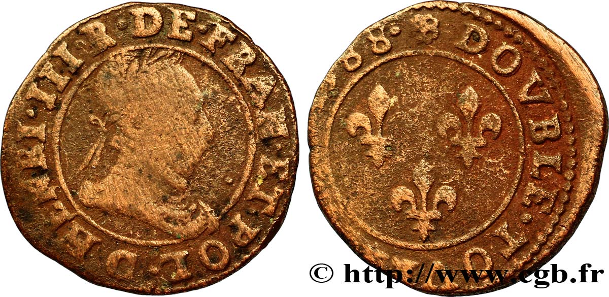HENRY III Double tournois, type de Saint-Lô 1588 Saint-Lô MB/q.BB