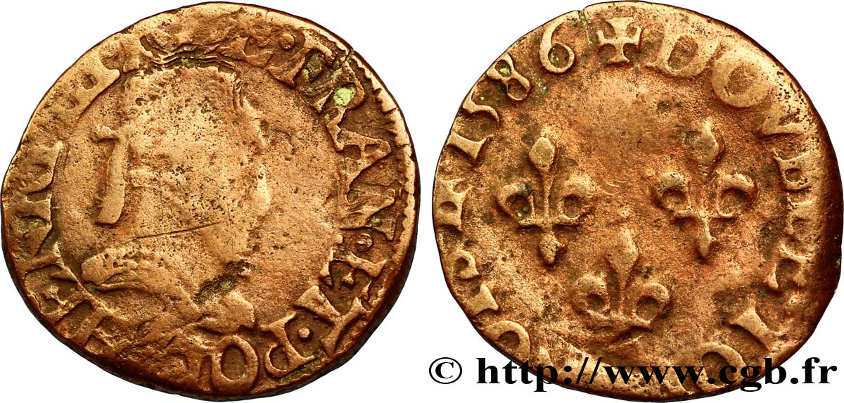 HENRI III Double tournois, type de Troyes 1586 Troyes TB+