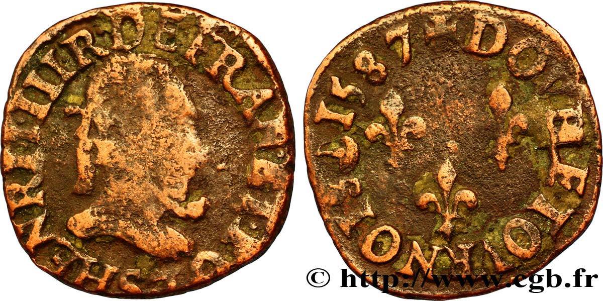 HENRI III Double tournois, type de Troyes 1587 Troyes TB+