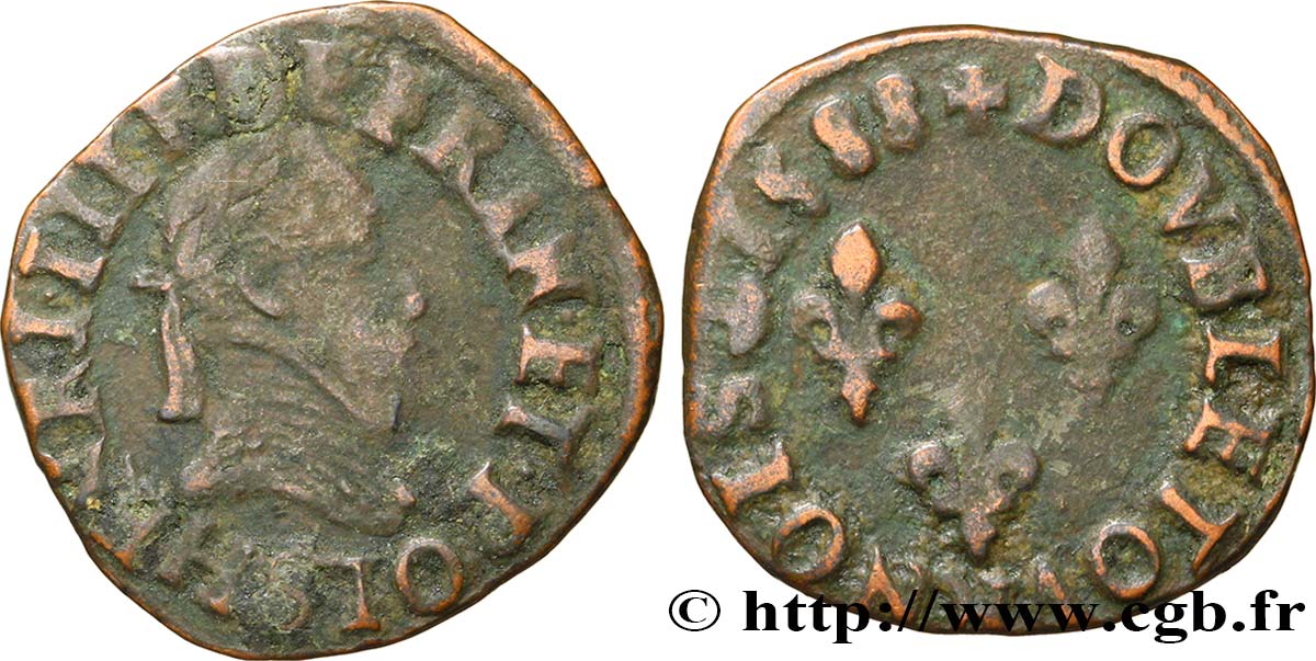 HENRY III Double tournois, type de Troyes 1588 Troyes fSS