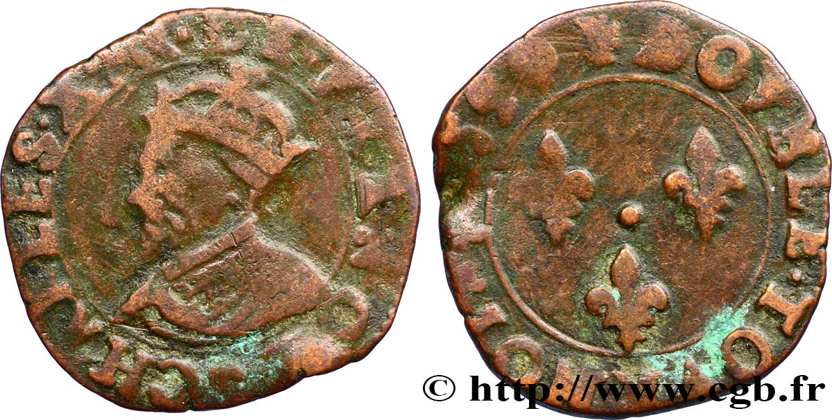 CHARLES X, CARDINAL DE BOURBON Double tournois, type de Troyes 1590 Troyes TB+