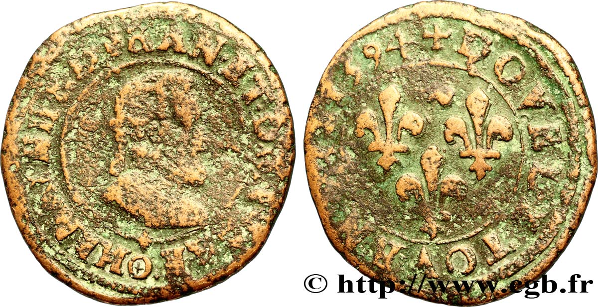 HENRI IV LE GRAND Double Tournois,  Légende Française  1594 Clermont Ferrand B ,bry 296846,a