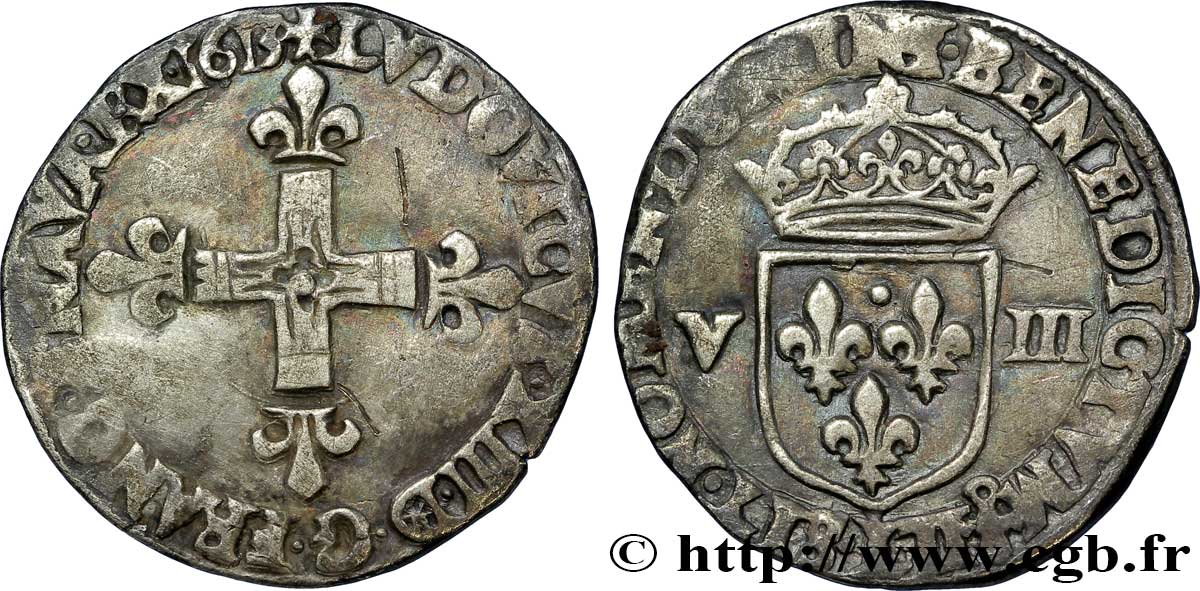 LOUIS XIII LE JUSTE Huitième d&nbsp;écu, à la croix fleurdelisée, titulature côté croix 1613 Bayonne TB+