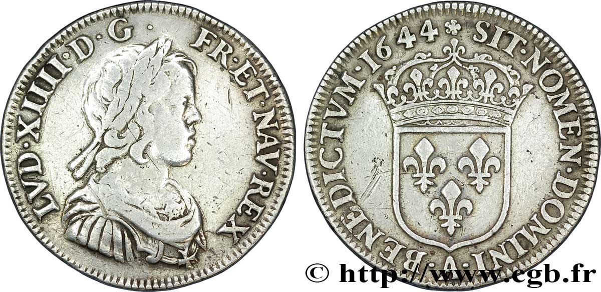 LOUIS XIV &nbsp;THE SUN KING&nbsp; Quart d&nbsp;écu, portrait à la mèche courte 1644 Paris, Monnaie de Matignon VF