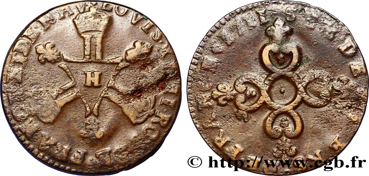 LOUIS XIV LE GRAND OU LE ROI SOLEIL Six deniers dits  Dardenne  1711 La Rochelle TB+