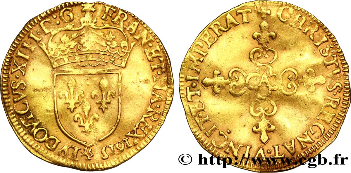 LOUIS XIII LE JUSTE Écu d&nbsp;or au soleil, à la croix anillée fleurdelisée 1615 Paris TB+