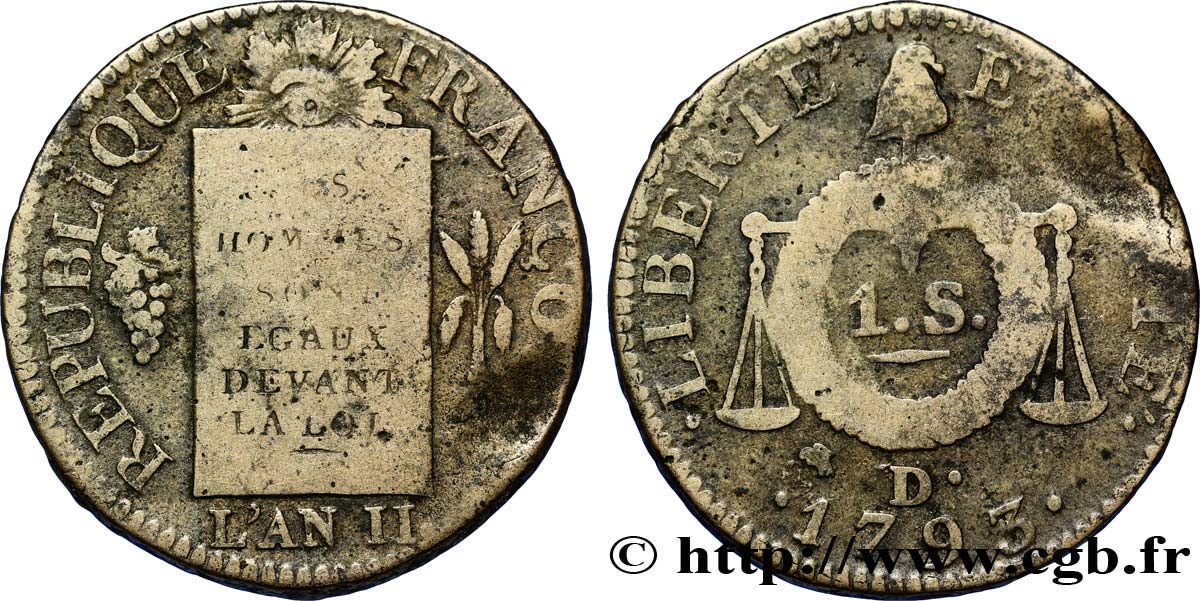 LA CONVENTION 1 sol dit &nbsp;à la table de loi&nbsp; 1793 Dijon TB+