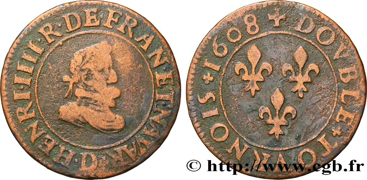 HENRY IV Double tournois, 1er type 1608 Lyon fSS