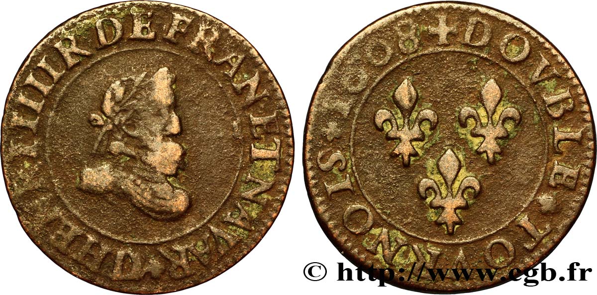 HENRI IV LE GRAND Double tournois, 1er type 1608 Lyon TB
