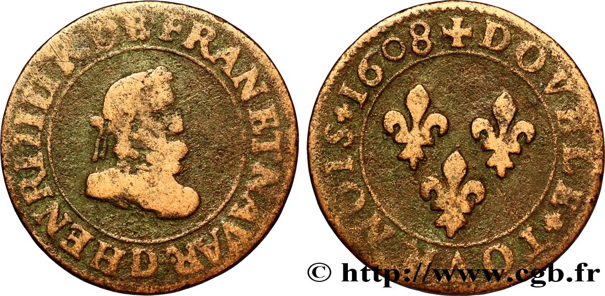 HENRI IV LE GRAND Double tournois, 1er type 1608 Lyon B+
