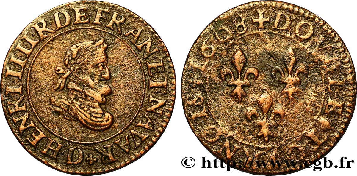 HENRI IV LE GRAND Double tournois, 1er type 1608 Lyon TTB/TB+