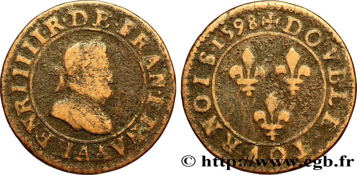 HENRI IV LE GRAND Double tournois, 2e type de Paris (légende française) 1598 Paris, Moulin des Étuves TB