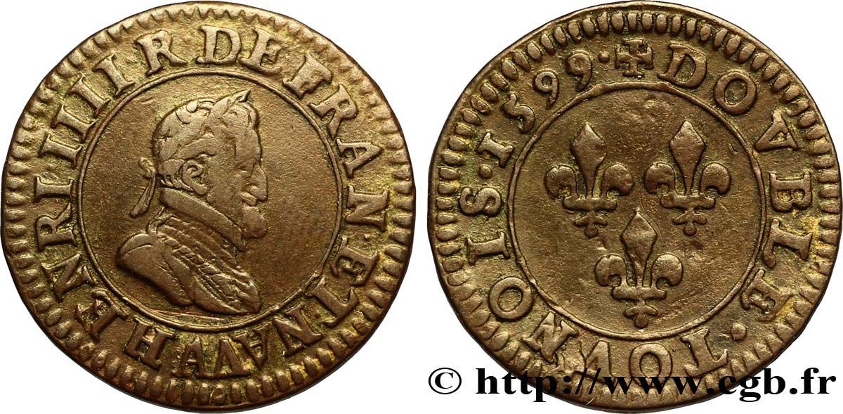 HENRI IV LE GRAND Double tournois, 2e type de Paris (légende française) 1599 Paris, Moulin des Étuves TTB