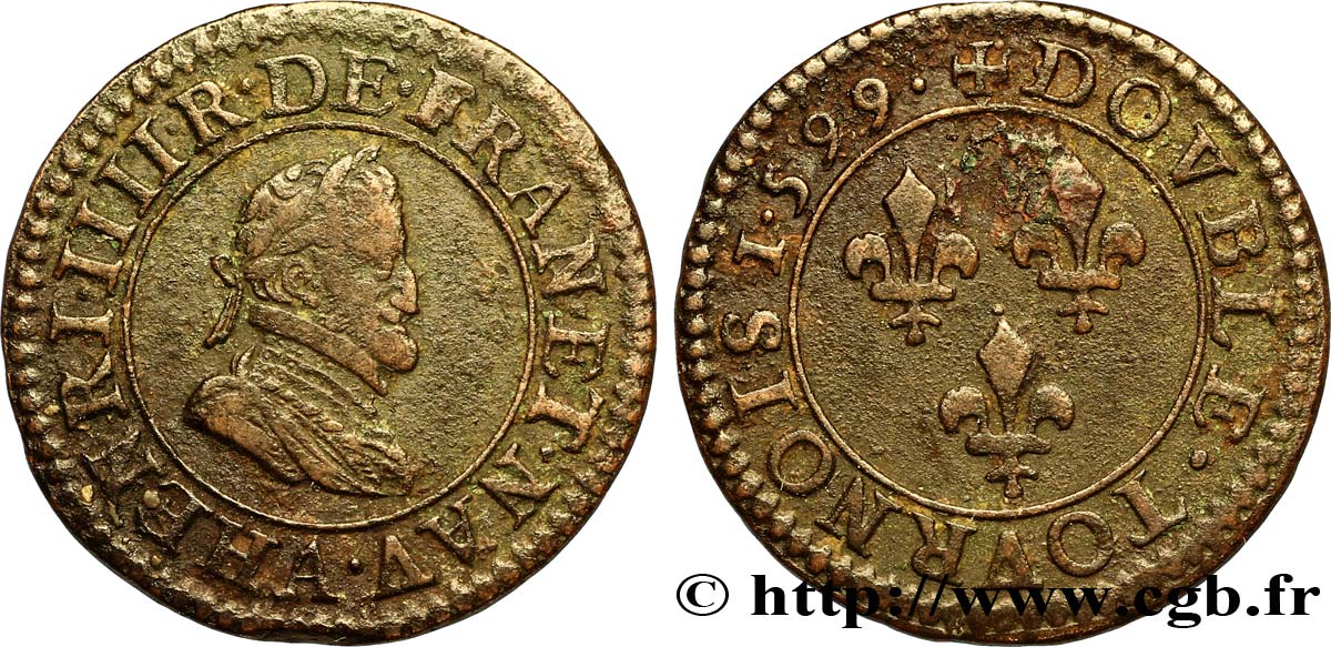 HENRI IV LE GRAND Double tournois, 2e type de Paris (légende française) 1599 Paris, Moulin des Étuves TTB