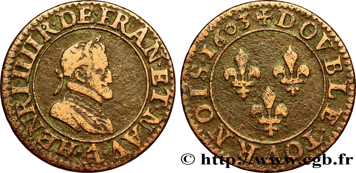 HENRI IV LE GRAND Double tournois, 2e type de Paris (légende française) 1603 Paris, Moulin des Étuves TB+