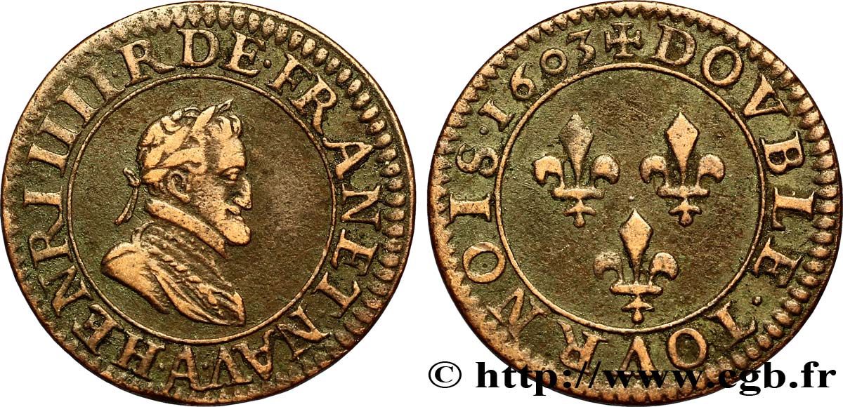 HENRI IV LE GRAND Double tournois, 2e type de Paris (légende française) 1603 Paris, Moulin des Étuves TTB