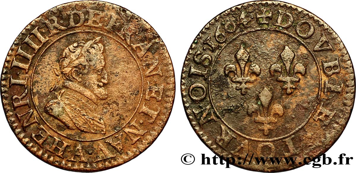 HENRI IV LE GRAND Double tournois, 2e type de Paris (légende française) 1604 Paris, Moulin des Étuves TTB