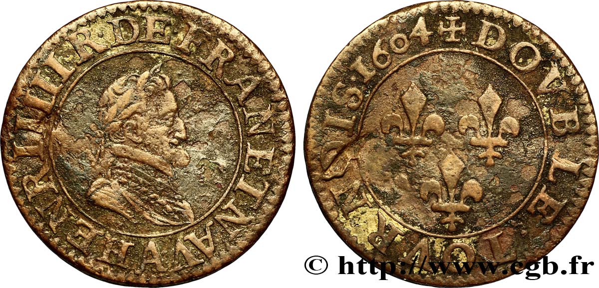 HENRI IV LE GRAND Double tournois, 2e type de Paris (légende française) 1604 Paris, Moulin des Étuves TB+