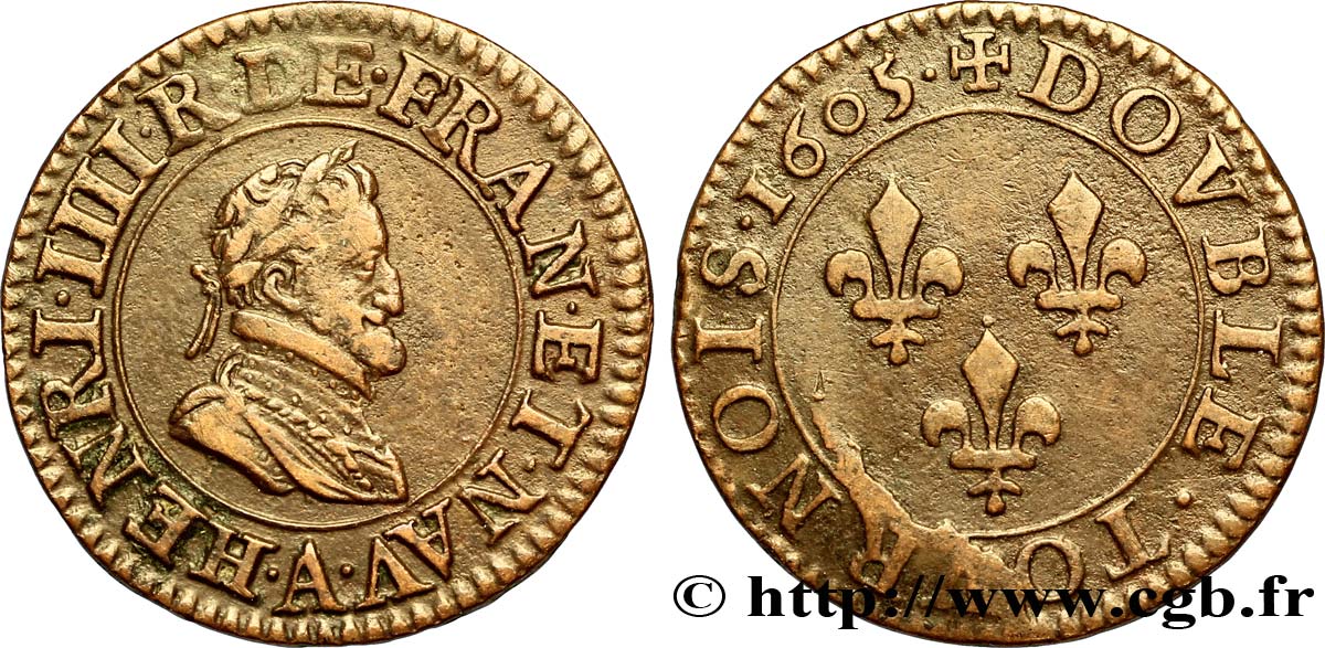 HENRI IV LE GRAND Double tournois, 1er type de Paris (légende française) 1605 Paris, Moulin des Étuves TTB