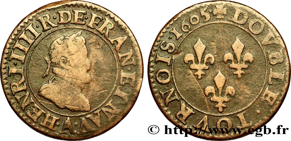 HENRI IV LE GRAND Double tournois, 1er type de Paris (légende française) 1605 Paris, Moulin des Étuves TB+