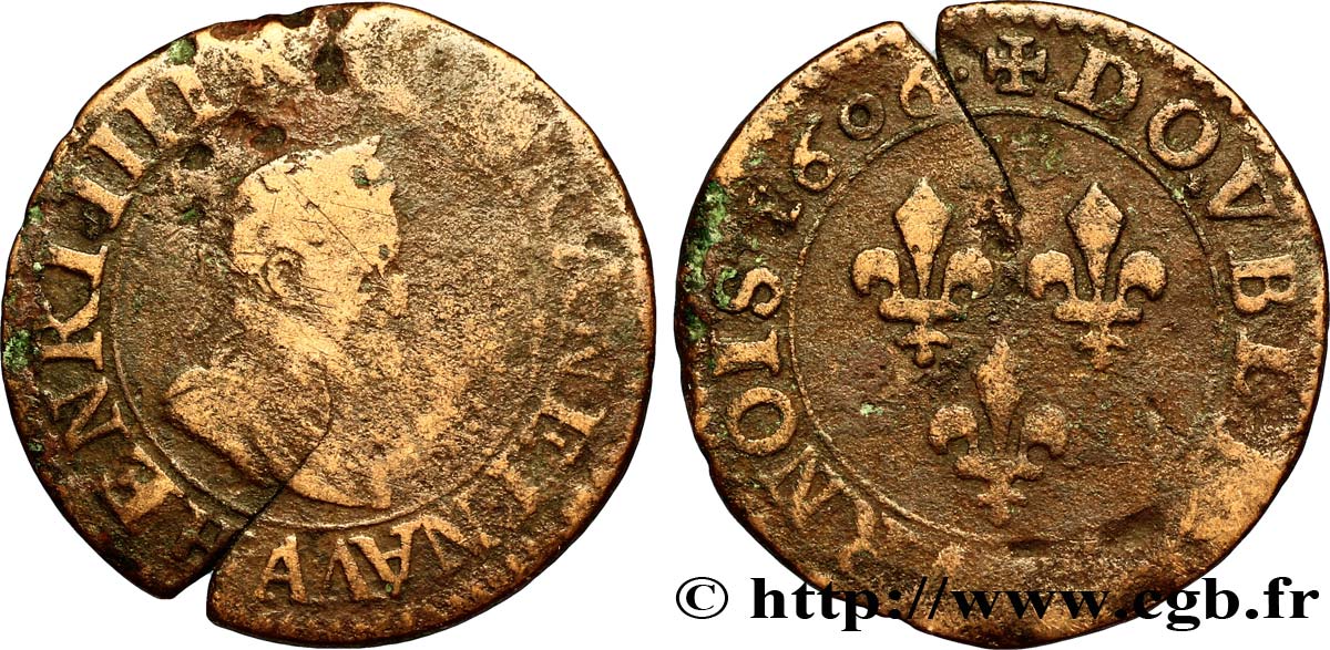 HENRI IV LE GRAND Double tournois, 1er type de Paris (légende française) 1606 Paris, Moulin des Étuves B/TB