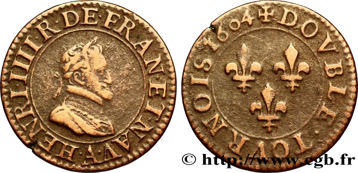 HENRI IV LE GRAND Double tournois, 2e type de Paris (légende française) 1604 Paris, Moulin des Étuves TB+