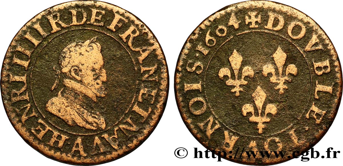 HENRI IV LE GRAND Double tournois, 2e type de Paris (légende française) 1604 Paris, Moulin des Étuves TB