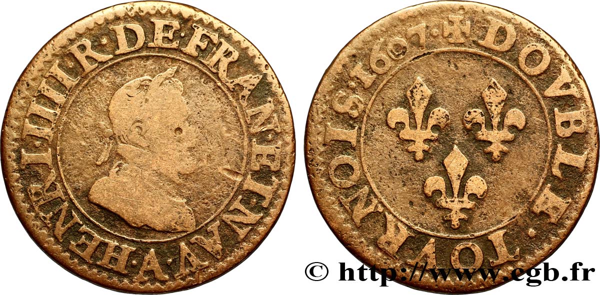 HENRI IV LE GRAND Double tournois, 2e type de Paris (légende française) 1607 Paris, Moulin des Étuves TB