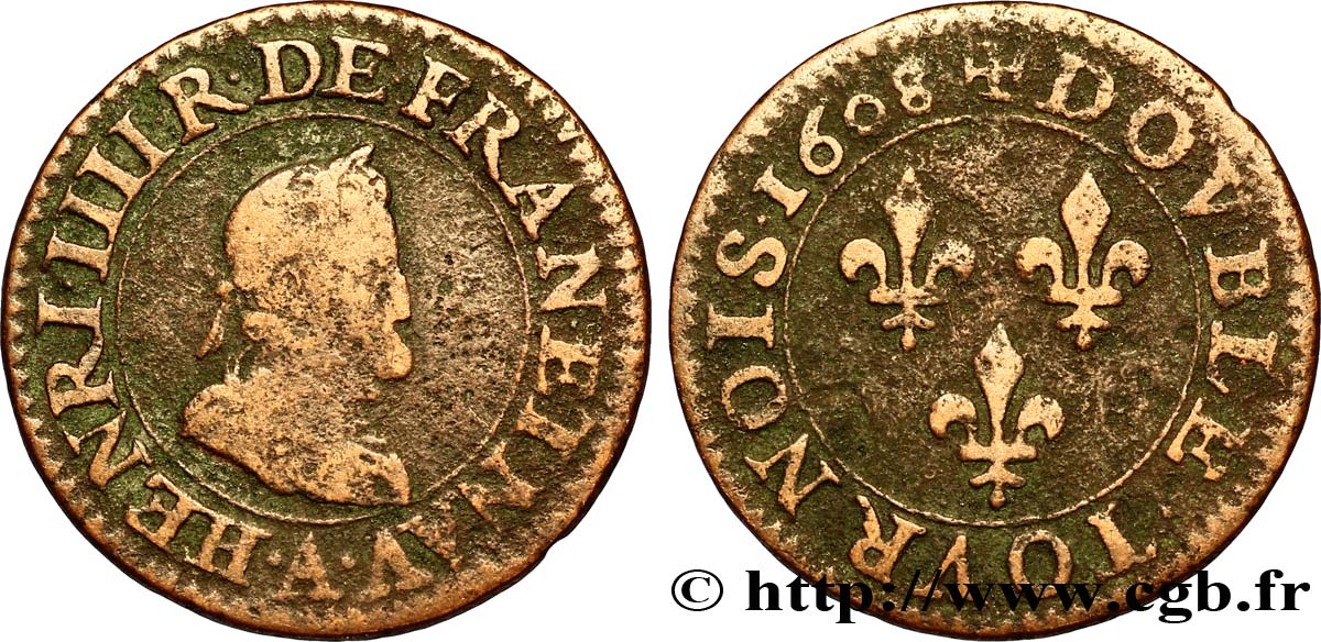 HENRI IV LE GRAND Double tournois, 2e type de Paris (légende française) 1608 Paris TB