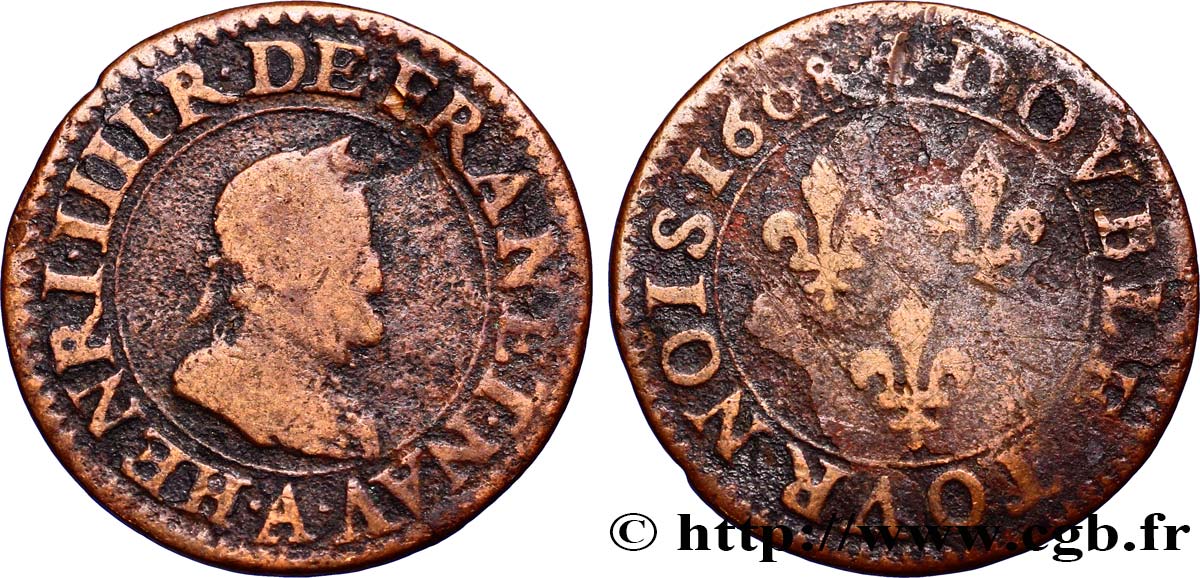 HENRY IV Double tournois, 2e type de Paris (légende française) 1608 Paris S