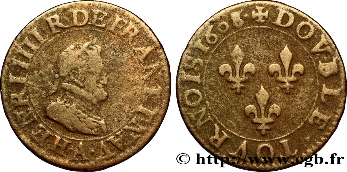 HENRI IV LE GRAND Double tournois, 2e type de Paris (légende française) 1608 Paris TB