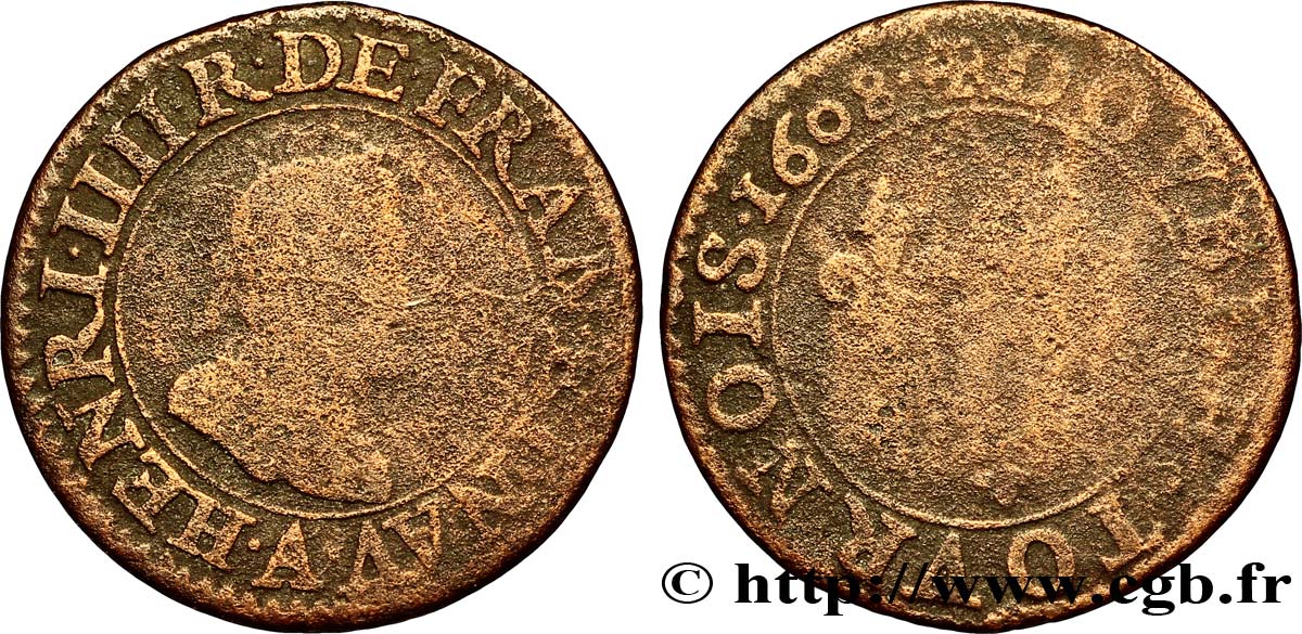 HENRI IV LE GRAND Double tournois, 2e type de Paris (légende française) 1608 Paris B