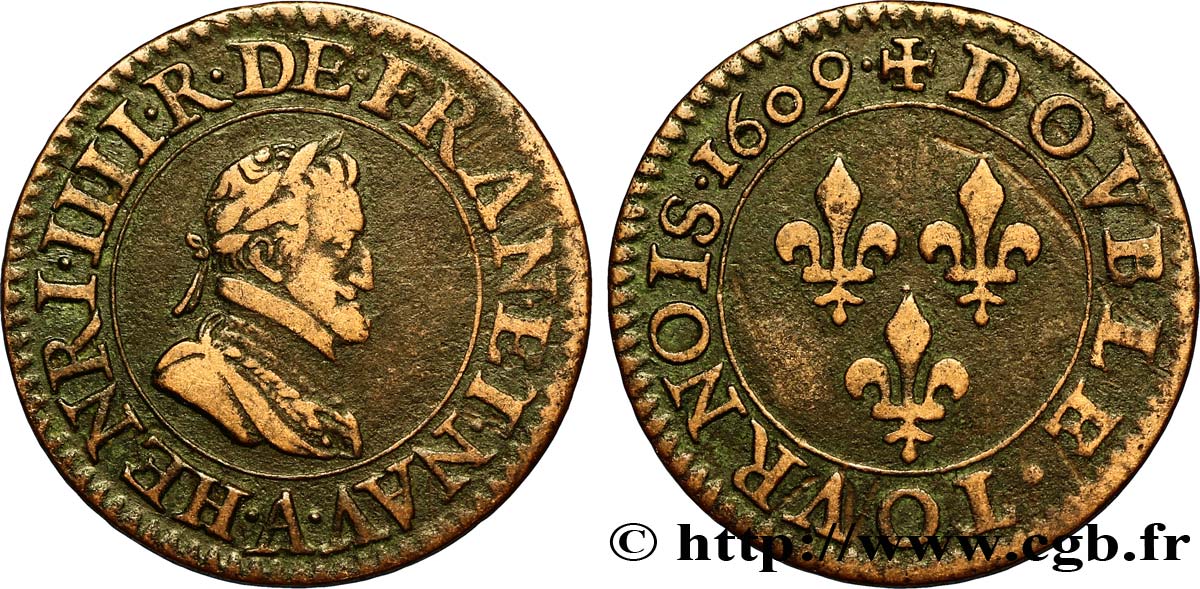 HENRI IV LE GRAND Double tournois, 2e type de Paris (légende française) 1609 Paris, Moulin des Étuves TB+