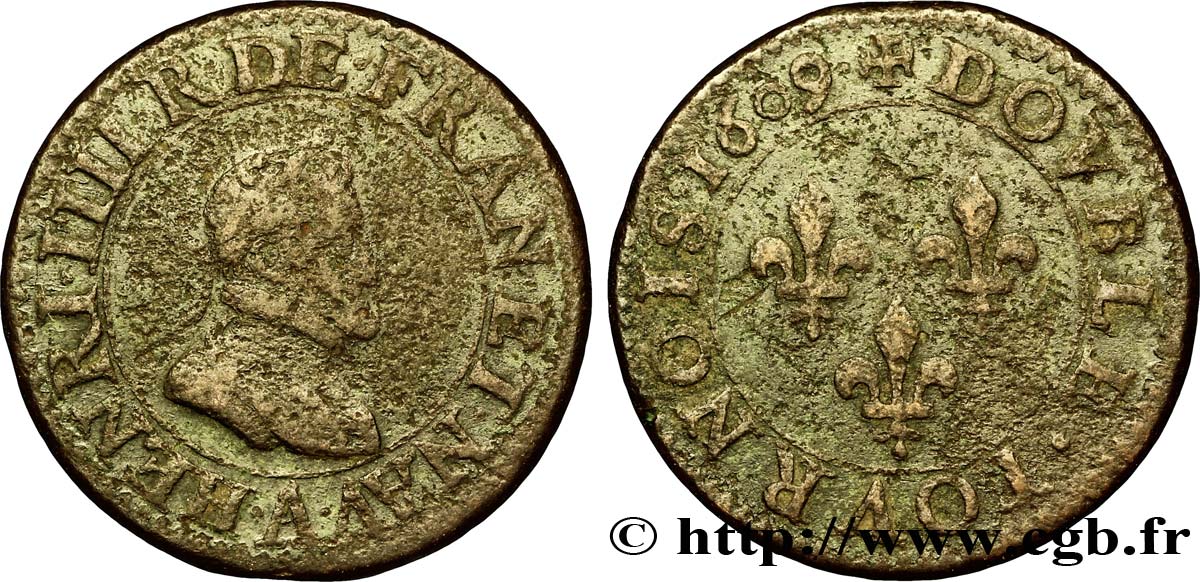 HENRI IV LE GRAND Double tournois, 2e type de Paris (légende française) 1609 Paris, Moulin des Étuves B+