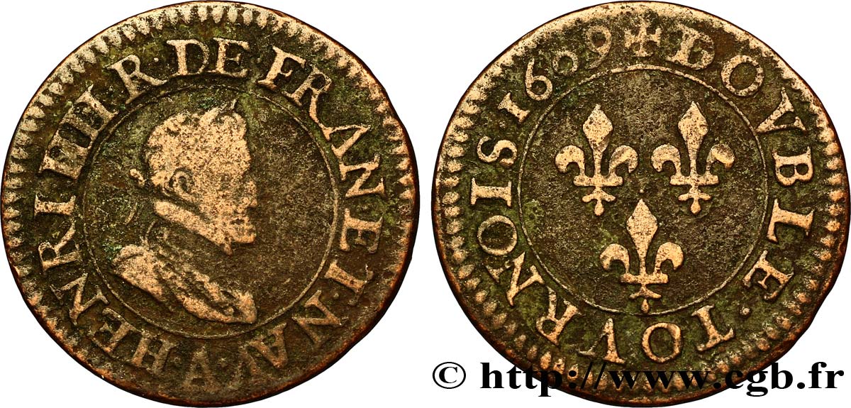 HENRI IV LE GRAND Double tournois, 2e type de Paris (légende française) 1609 Paris, Moulin des Étuves TB