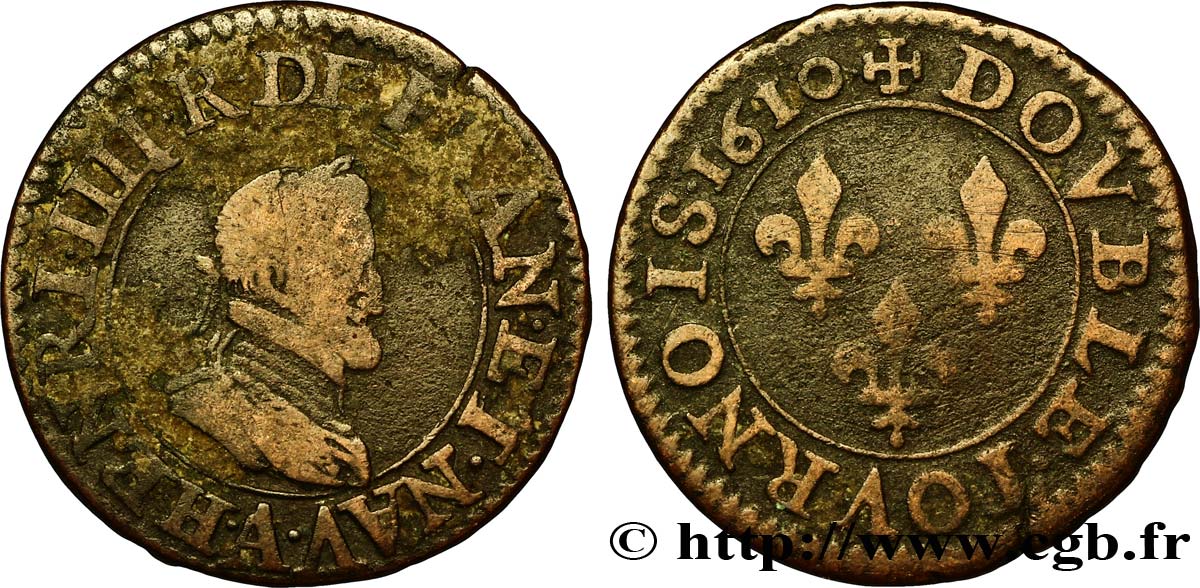 HENRI IV LE GRAND Double tournois, 2e type de Paris (légende française) 1610 Paris, Moulin des Étuves TB