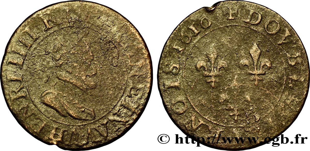 HENRI IV LE GRAND Double tournois, 2e type de Paris (légende française) 1610 Paris, Moulin des Étuves B