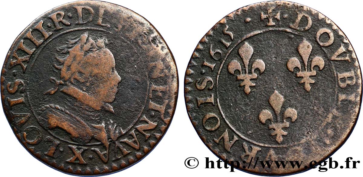 LOUIS XIII LE JUSTE Double tournois, type 1 1615 Amiens TB+