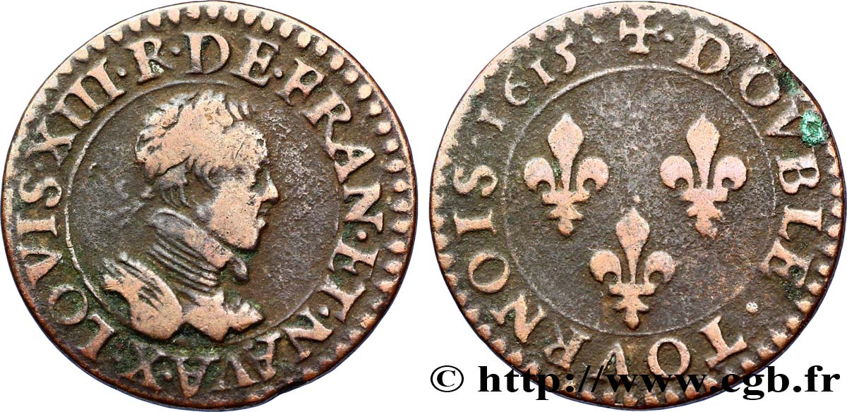 LOUIS XIII LE JUSTE Double tournois, type 2 1615 Amiens TB+