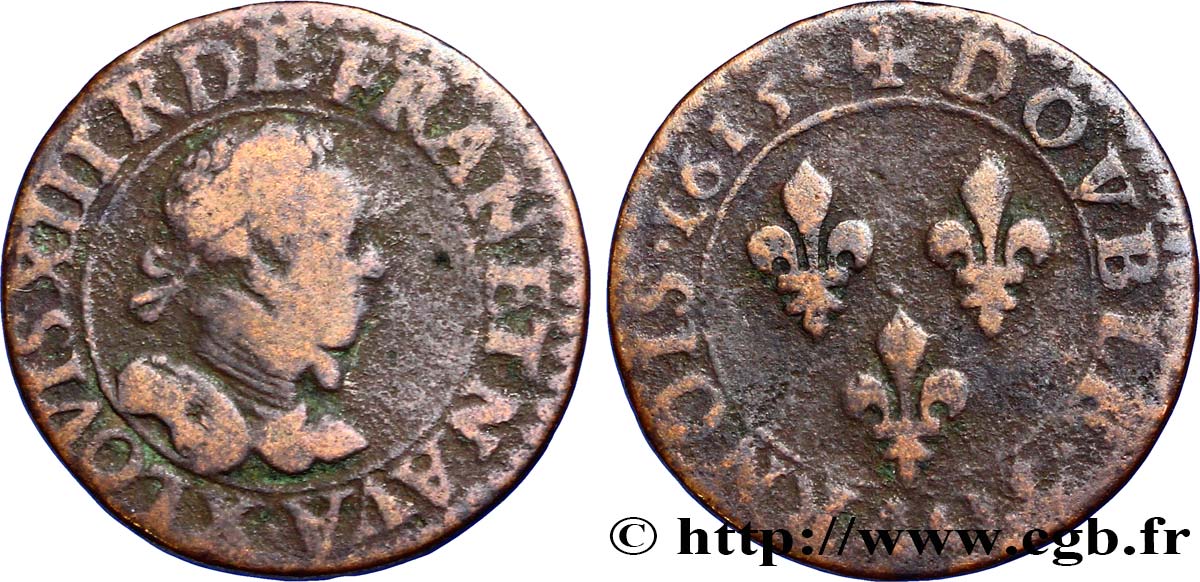 LOUIS XIII LE JUSTE Double tournois, type 2 1615 Amiens TB